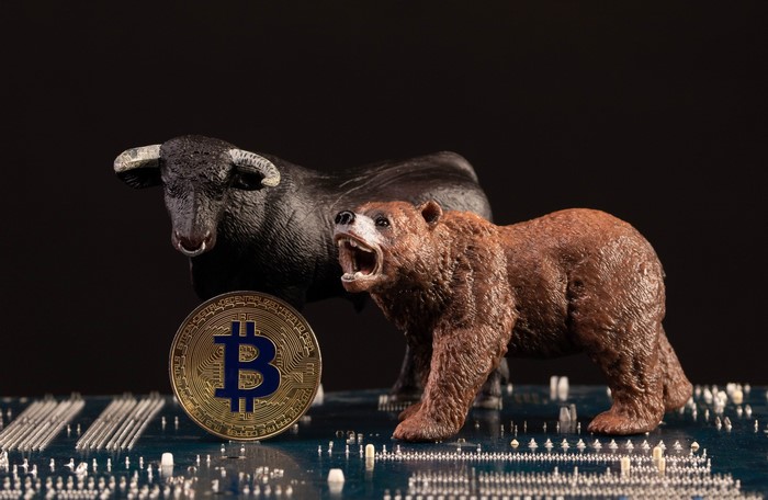 Bitcoin coin with bull and bear figurines on circuit board