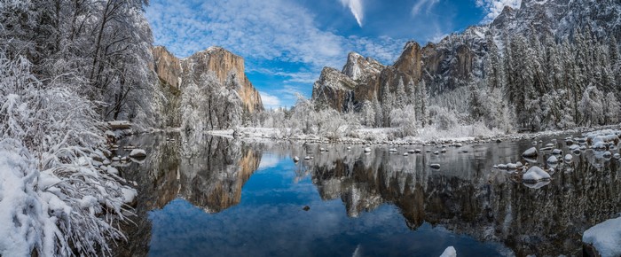 Yosemite National Park in Winter with Snow and Reflections