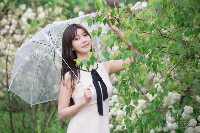 Brunette girl with umbrella among branches