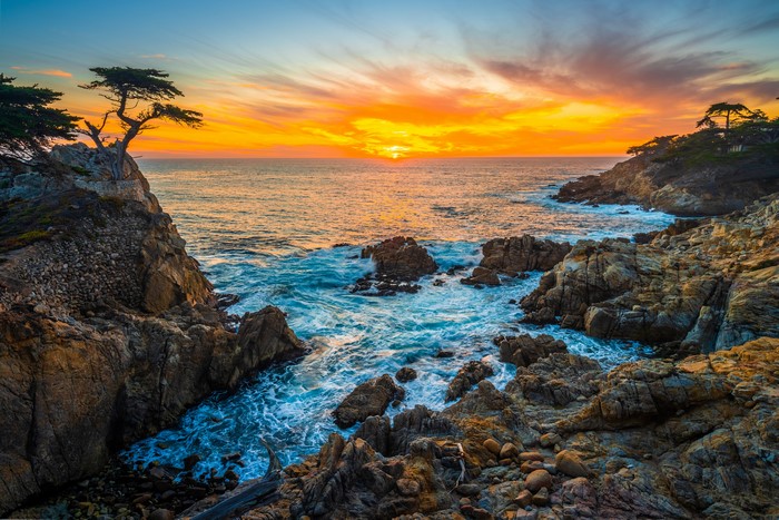 Sunset over the rocky coast of Pebble Beach, California