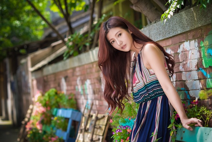 4K Asian Woman in Striped Dress with Bokeh