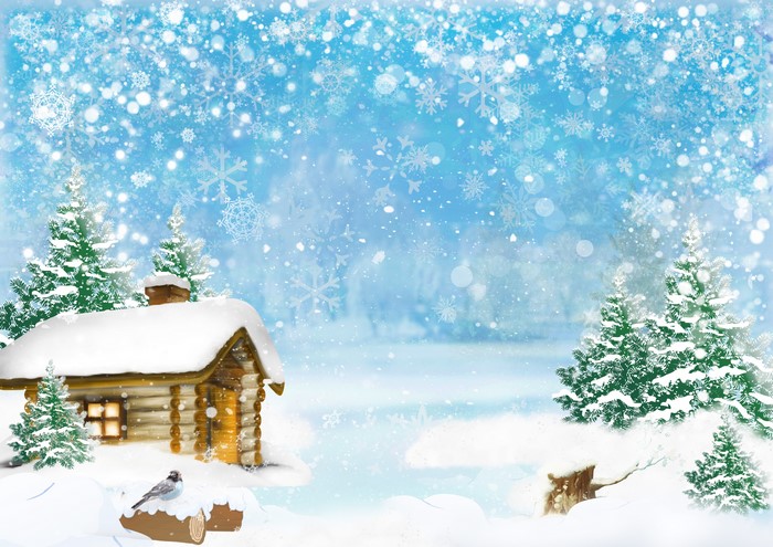 Winter cabin with snow and spruce trees