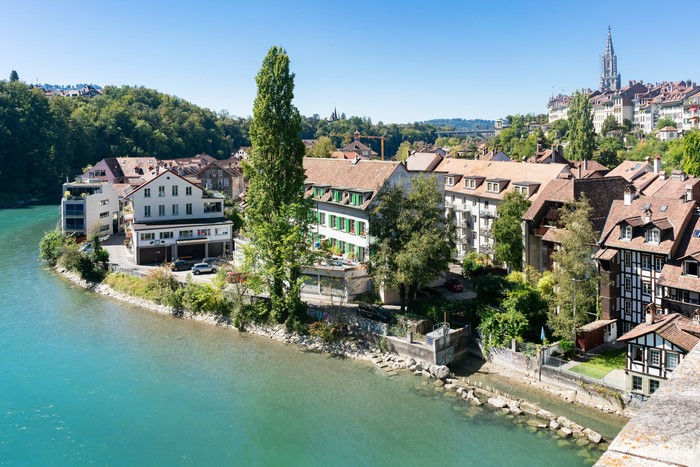 Bern, Switzerland, River Aare and old town buildings