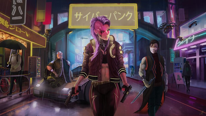 Cyberpunk 2077 characters with pistols in a rainy city