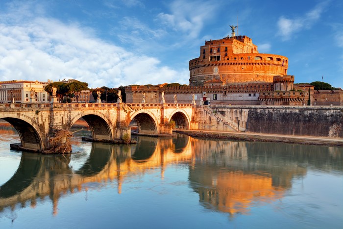Castel Sant'Angelo and Ponte Sant'Angelo over Tiber River in Rome