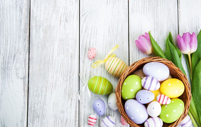 Easter eggs and tulips on wooden planks