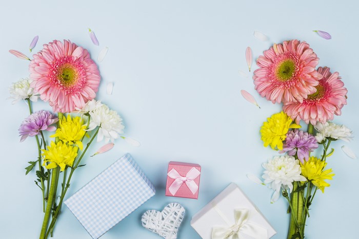 Bouquets of Gerberas and Chrysanthemums with Gifts and Heart