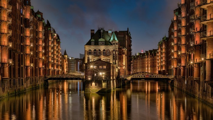 Wasserschloss Hamburg Germany Canal Bridges at Night