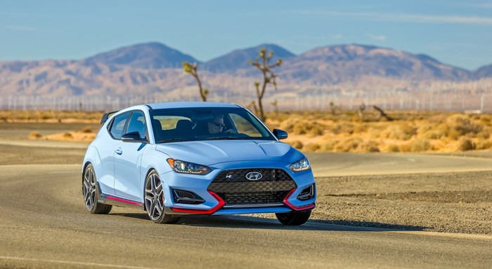 Light Blue Hyundai Veloster N Hatchback in Motion