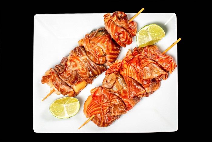 Salmon Shashlik with Lime on a Plate