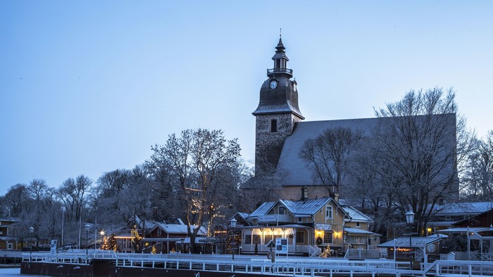 Naantali, Finland Winter Christmas Scene with Church Tower