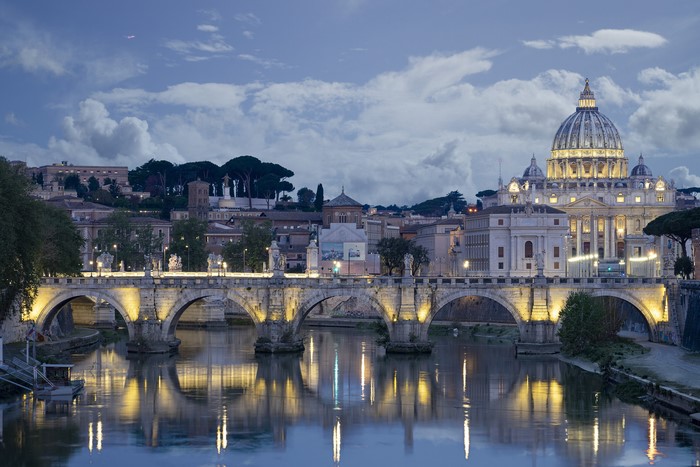 St. Peter's Basilica and Ponte Sant'Angelo at dusk, Rome