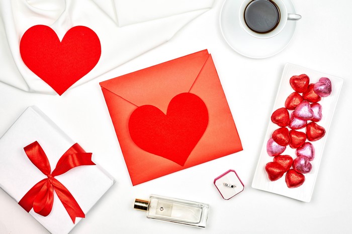 Valentine's Day gift with coffee, perfume, and chocolates