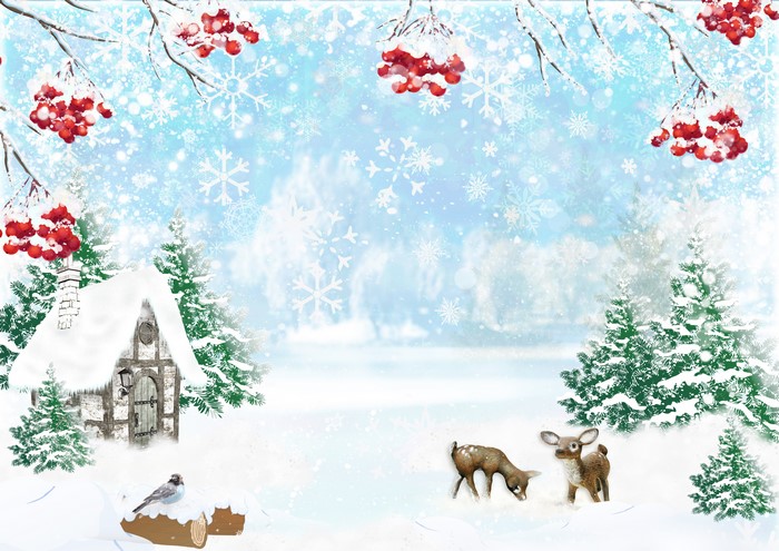 Winter scene with deer, house, and birds