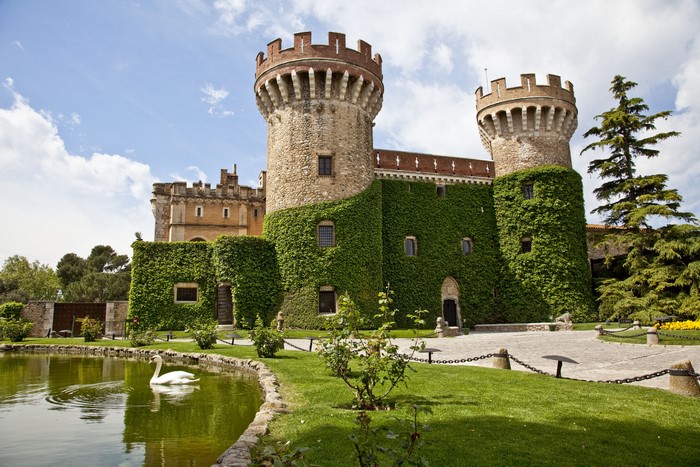 Peralada Castle with Swan in Pond, Girona, Spain