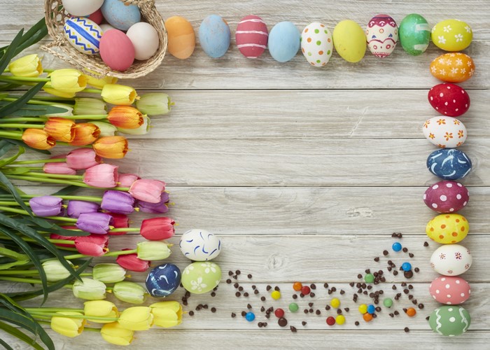 Easter Tulips and Eggs on Wood Planks