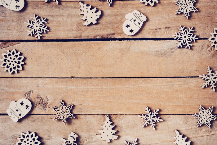Christmas ornaments on wood planks