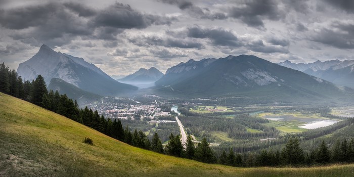 Banff National Park Valley with Mountains and Clouds