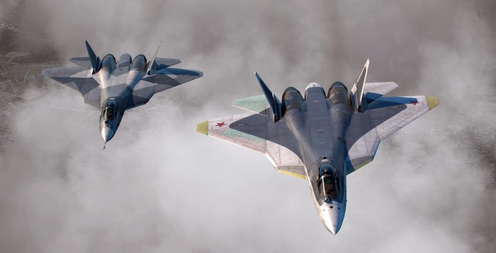 Russian Su-57 Fighter Airplanes in Flight
