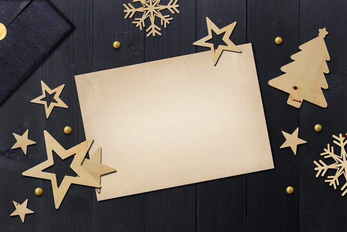 Christmas greeting card template with stars and tree