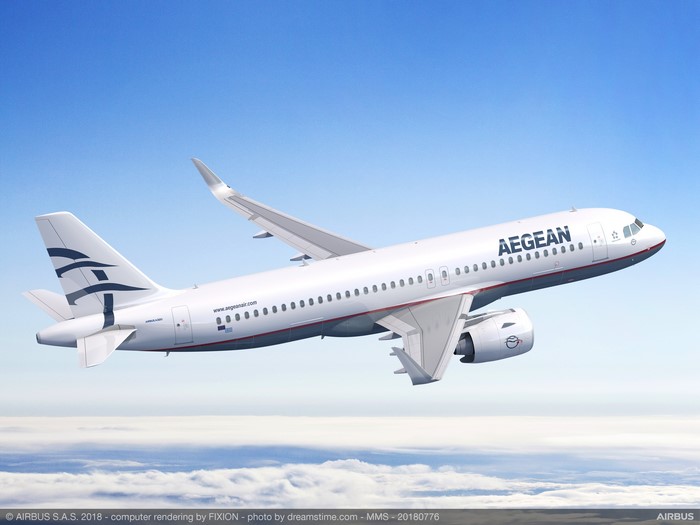 Aegean Airlines Airbus A320neo flying above clouds