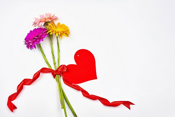 Three Gerberas with Red Ribbon and Heart Tag