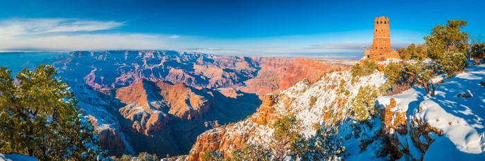 Grand Canyon National Park Panorama with Desert View Watchtower in Snow