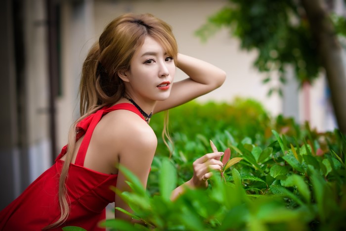 4K Asian Woman in Red Dress with Bokeh