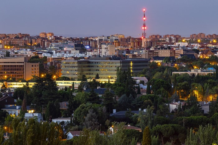 Madrid skyline with buildings and trees at dusk