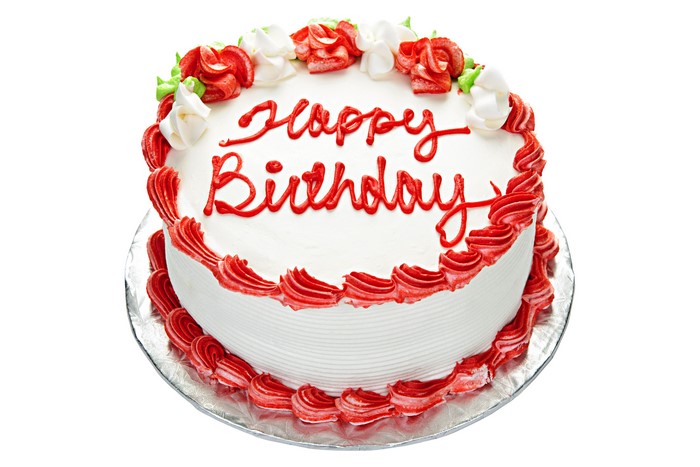 Happy Birthday cake with red and white frosting