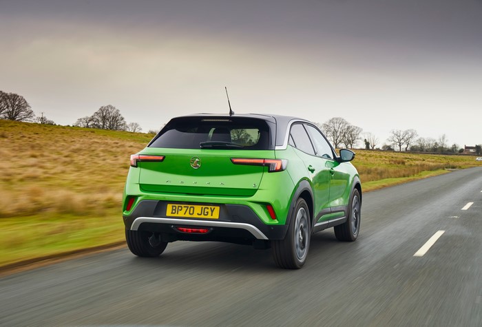 Green 2021 Vauxhall Mokka-e Crossover in Motion