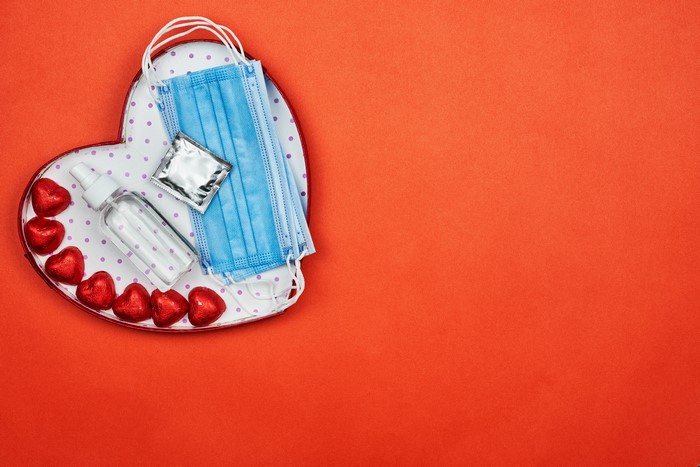 Valentine's Day heart box with masks and sanitizer