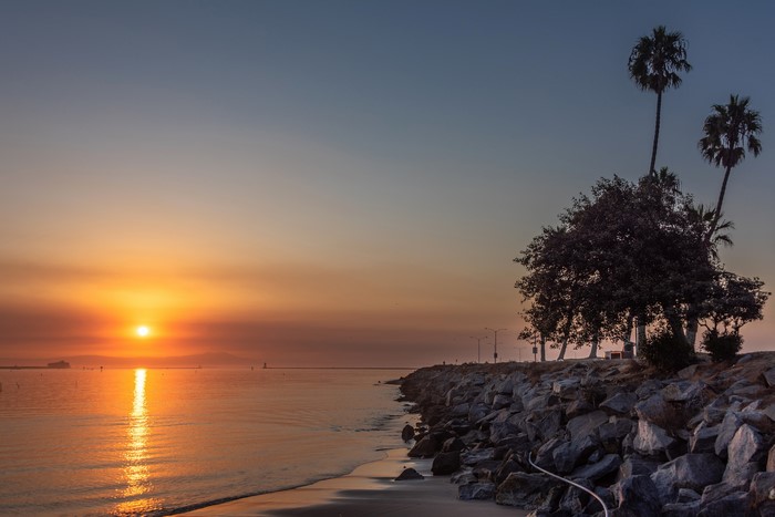 Sunset over the ocean at Cabrillo Beach, San Pedro, California