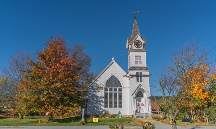 White Church with Clock Tower in Autumn, Vermont