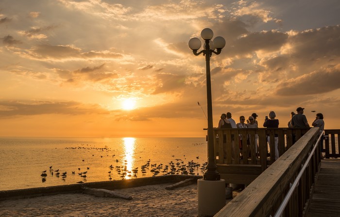 Sunset over the water with people on a pier and gulls