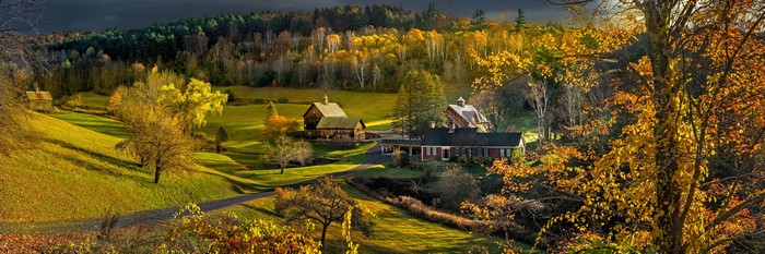 Vermont Farmhouses and Barns in Autumn Panorama