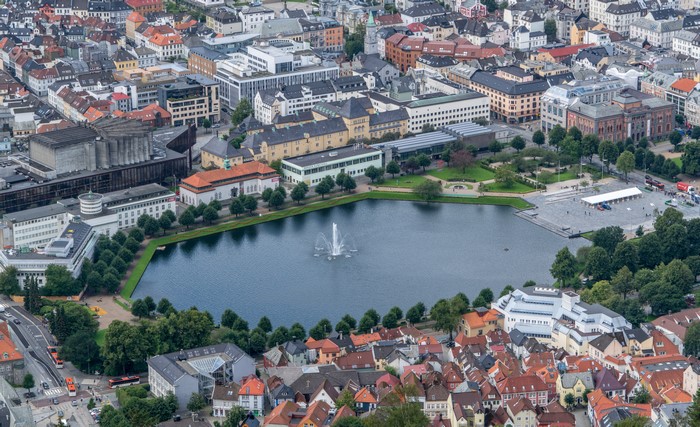 Bergen, Norway from above with pond and fountain