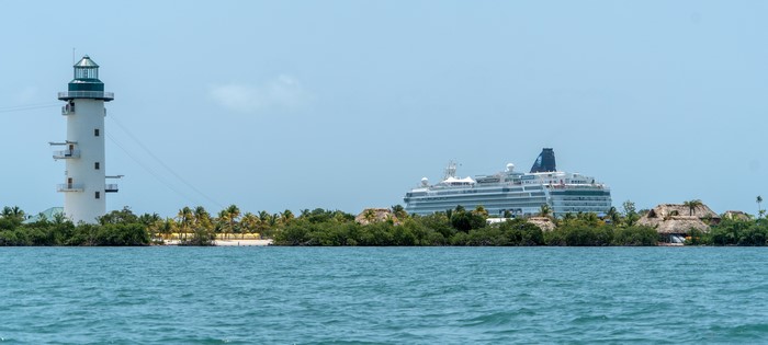 Lighthouse and Cruise Ship in Belize Tropics