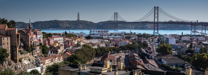 Lisbon Panorama with 25 de Abril Bridge and Christ the King Statue