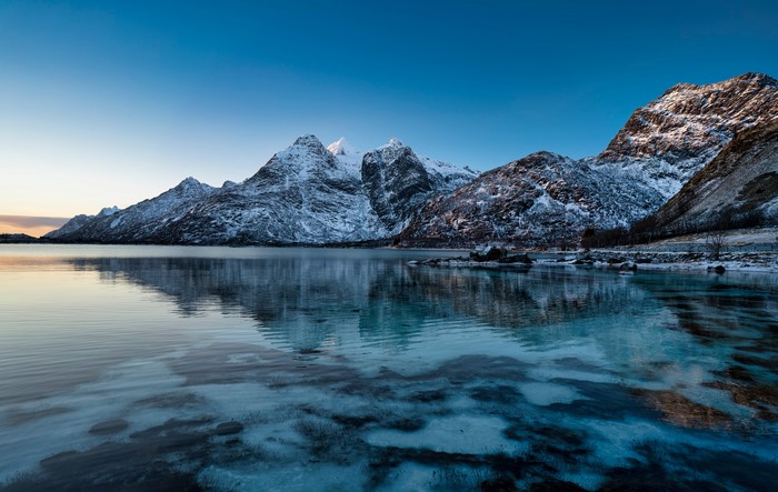Snowy Lofoten Mountains over Raftsundet, Norway