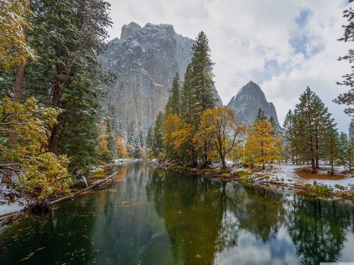 Yosemite National Park River with Mountains and Snow