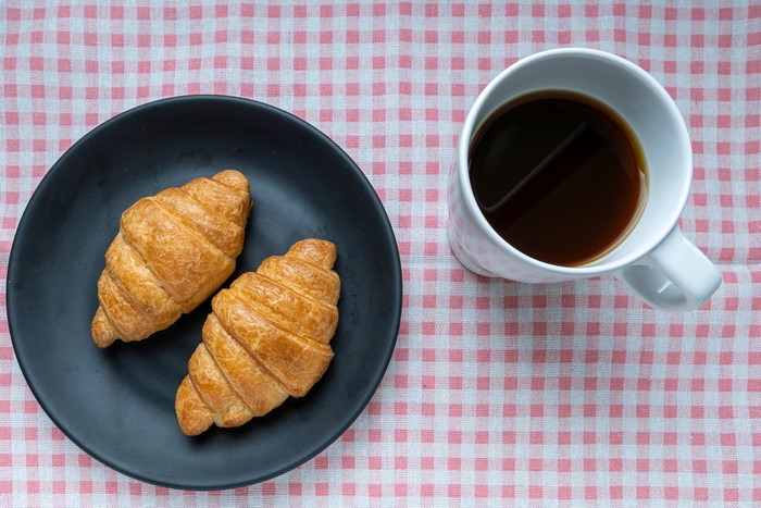 Croissants and Coffee on a Gingham Tablecloth