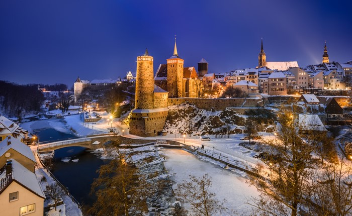 Bautzen Castle and Town in Winter Evening