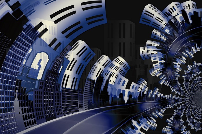 Abstract Cityscape with Curved Buildings and Tunnel