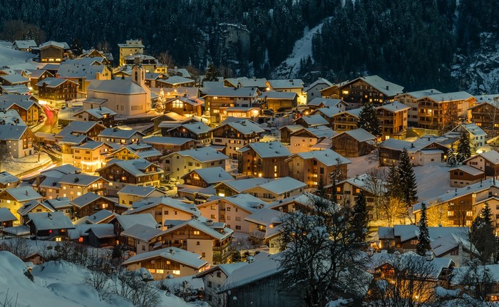 Snowy village in the Swiss Alps at night