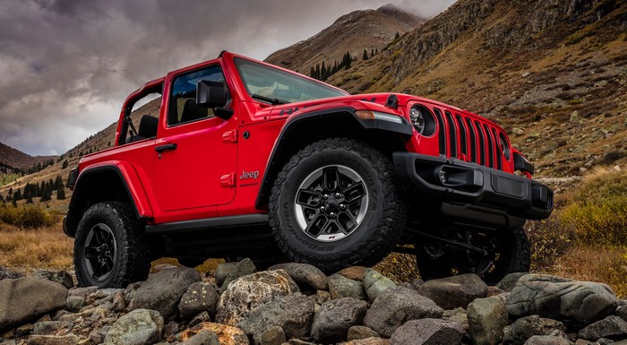 Red 2018 Jeep Wrangler Rubicon on Rocks