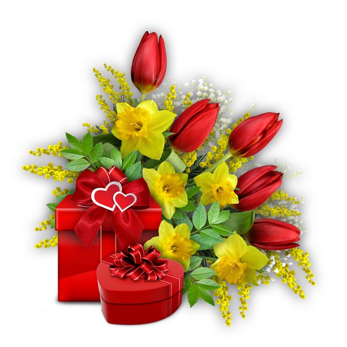Red Gift Boxes with Tulips and Daffodils
