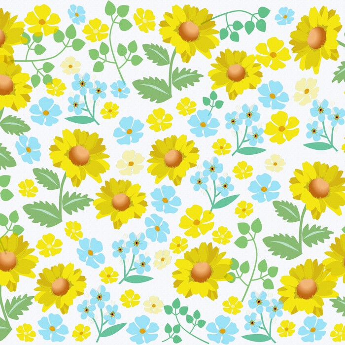 Yellow and blue flowers with green leaves pattern