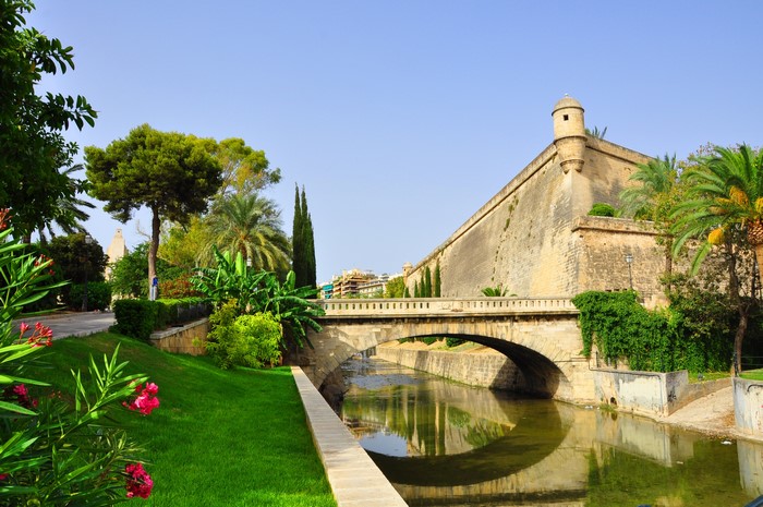Fortress and bridge over canal in Palma de Mallorca, Spain