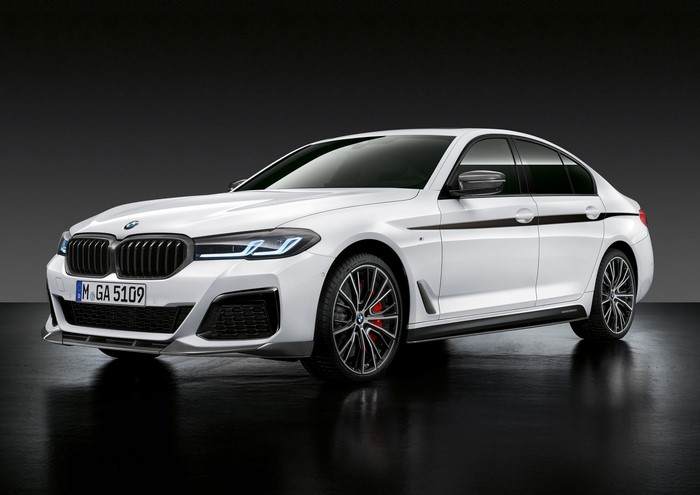 White BMW 540i M Performance Accessories Sedan